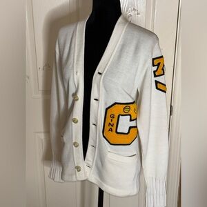 Vintage Late 60s - 70s Sand Knit Letter C Knit Letterman Cardigan Sweater Small​